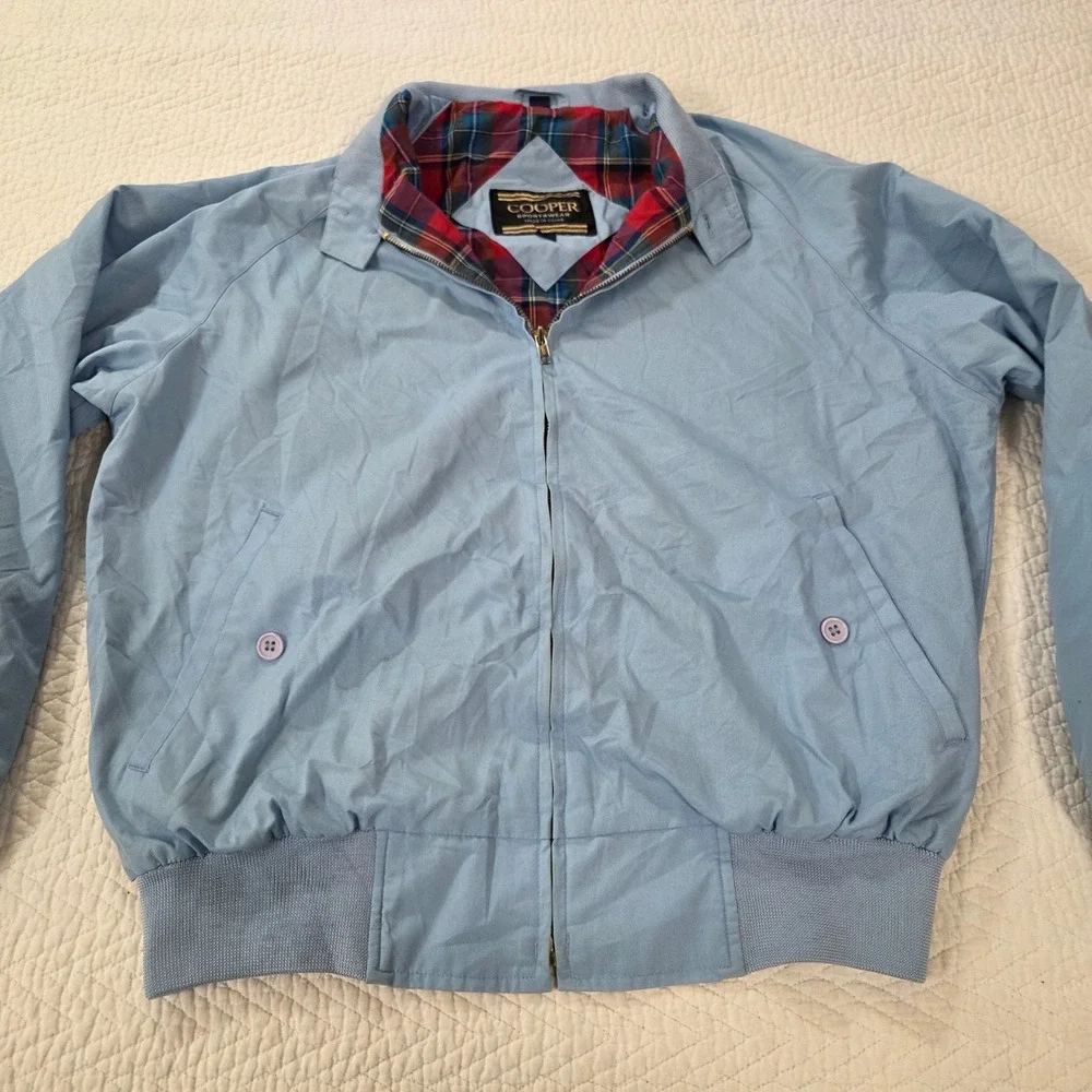 Cooper Sportswear Mens Light Blue Harrington Jacket Plaid Lined Size M Vintage
